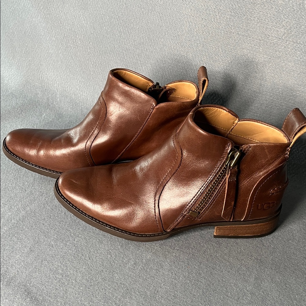 UGG brown leather boots with side zip. Women’s s 7.